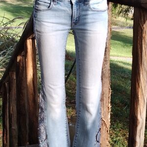 Women's Upcycled Light Blue Low Rise American Eagle Jean Hand-sewn Bell Bottoms